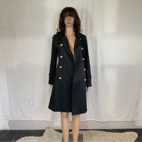 INC Double Breasted Belted Long Lightweight Trench Coat Black Gold Buttons S - Picture 11 of 15